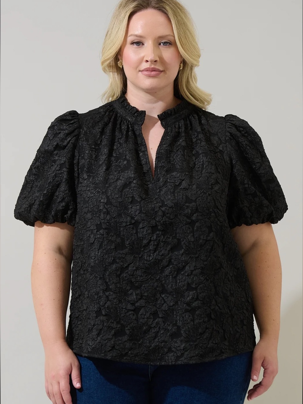 Sugarlips Curve Arielle Jacquard Split Neck Top in Black - Plus Size